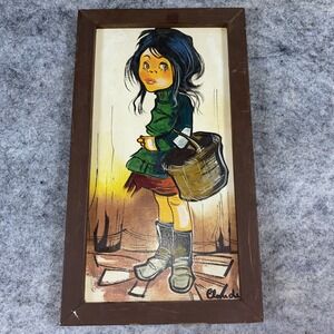 Vintage 60's Claude Feran Big Sad Eyes Hobo Girl Oil Painting Framed French Goth